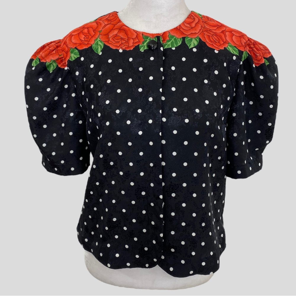 Vintage 90s Black + White Polka Dots Red Rose Puff Sleeve Rockabilly Shirt
